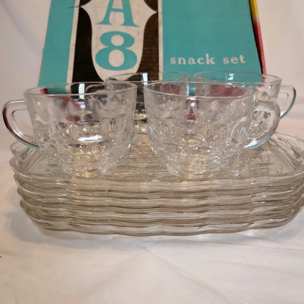 Federal Glass Snack Set A-8 Clear Homestead Pattern Vintage 8 Piece Set Boxed